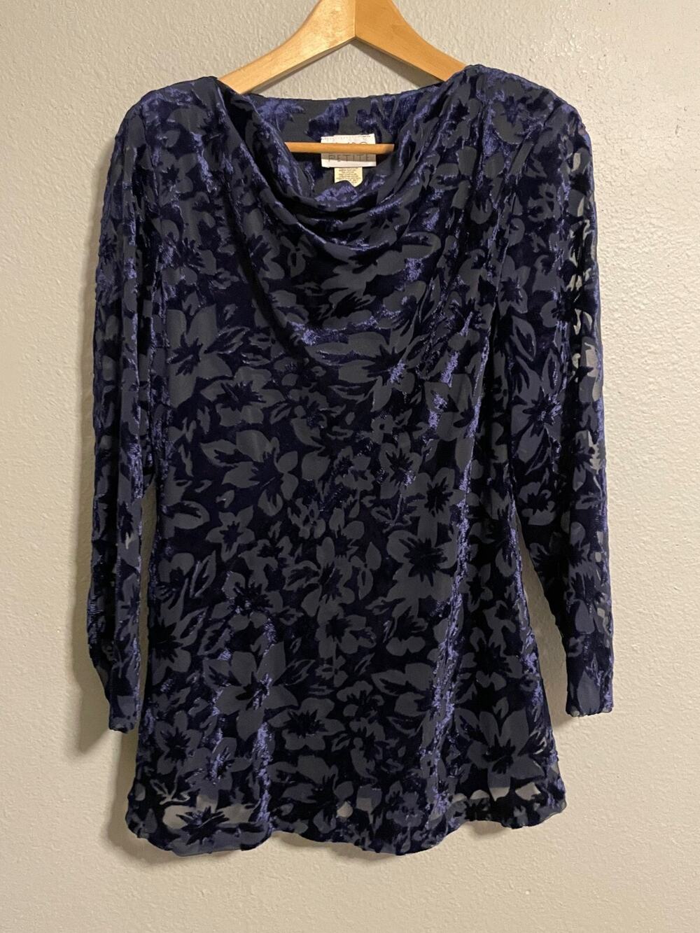 Vintage Womens Top 10 Petite Blue Floral Velvet Cowl Neck Romantic Fairy 90s